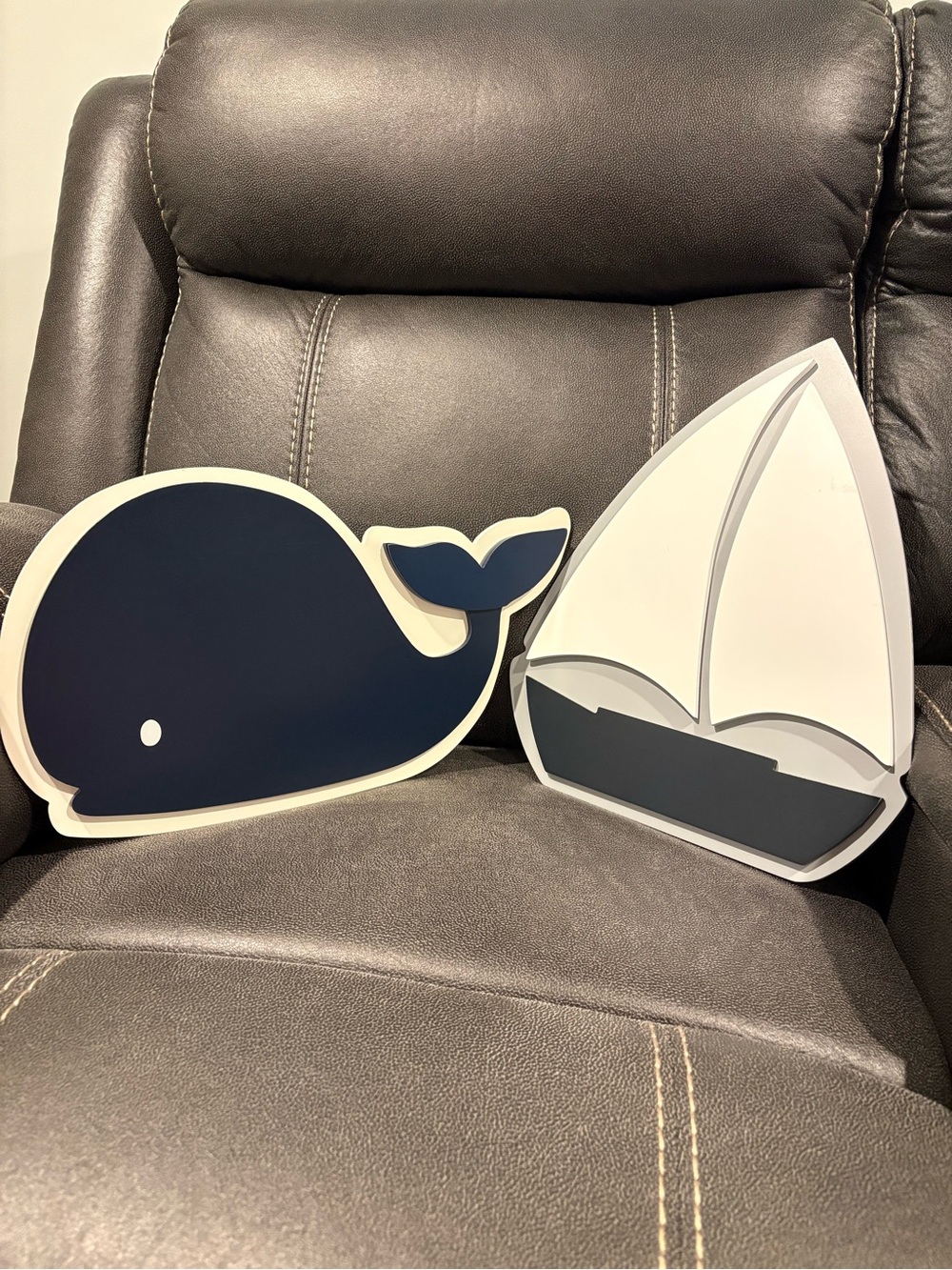 Navy Whale and Sailboat Wooden Wall Plaques - Set of 2